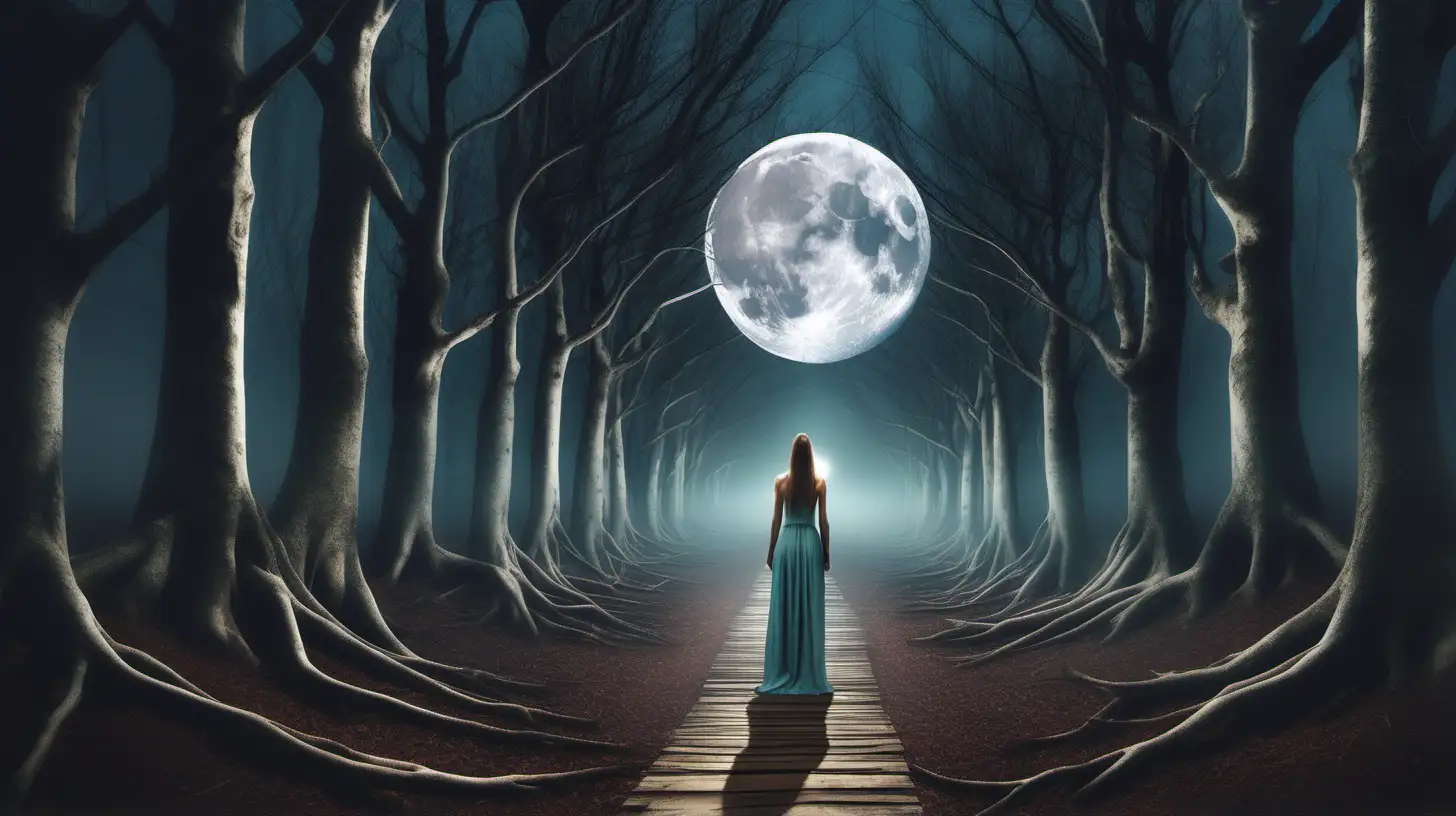 spiritual image of woman in the woods, one pathway splits into two and she stands at the front of it, deciding which choice. full moon heavy in the sky, spiritual feeling, energy