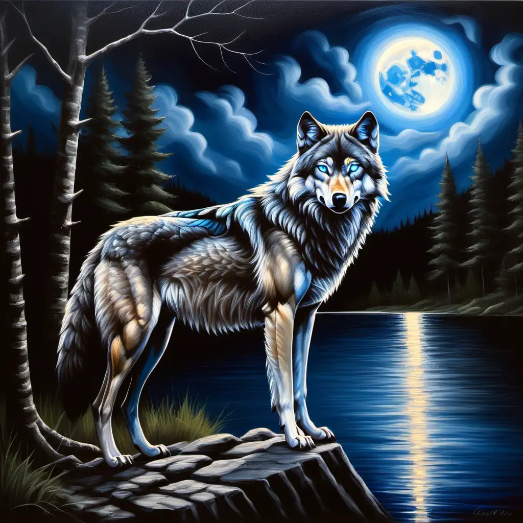 oil painting of wolf at lake with blue eyes, night, full moon, forest