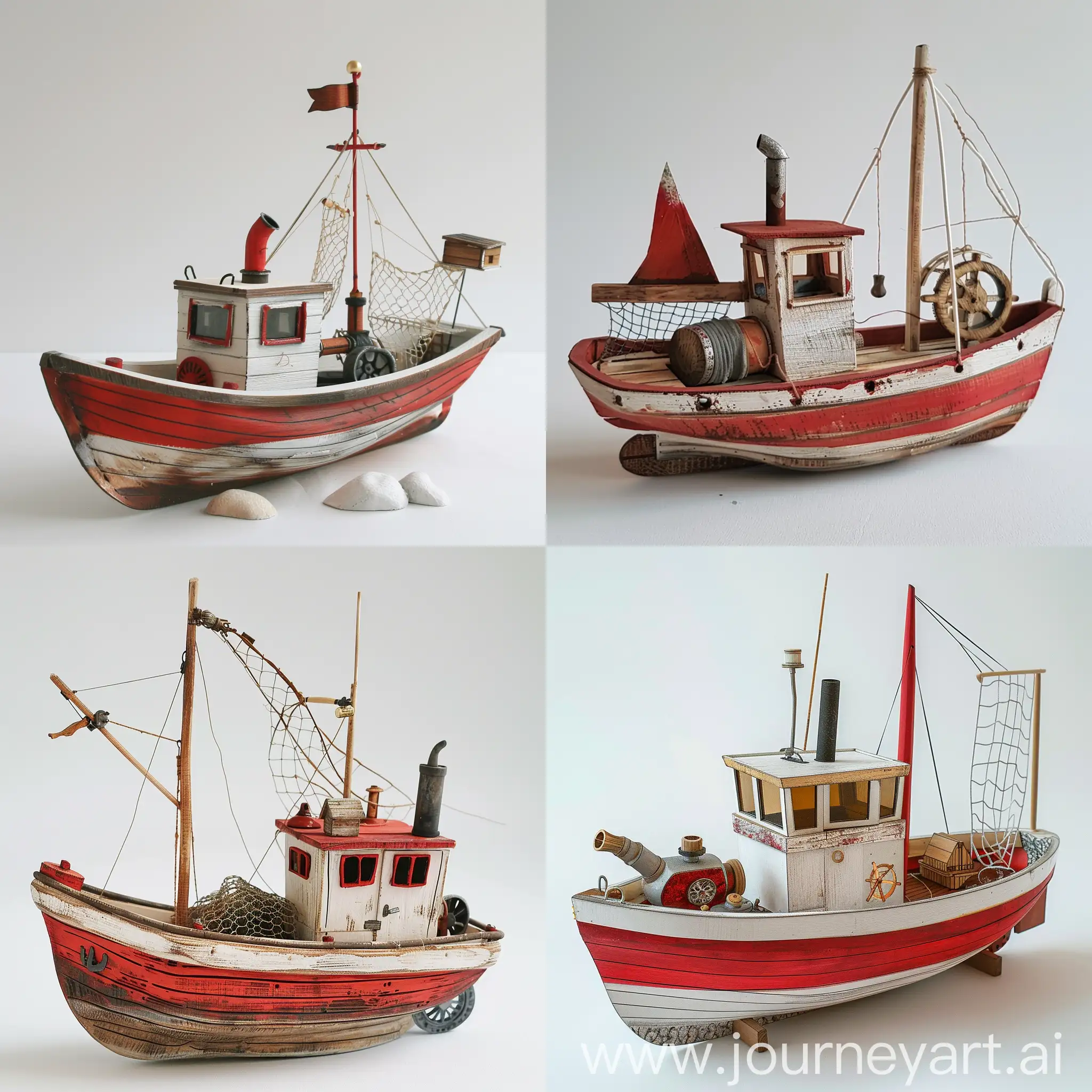 a small stylized fishing boat red and white paint made of wood with a tiny steam engine with one cabin room on it and a fishing net at the back