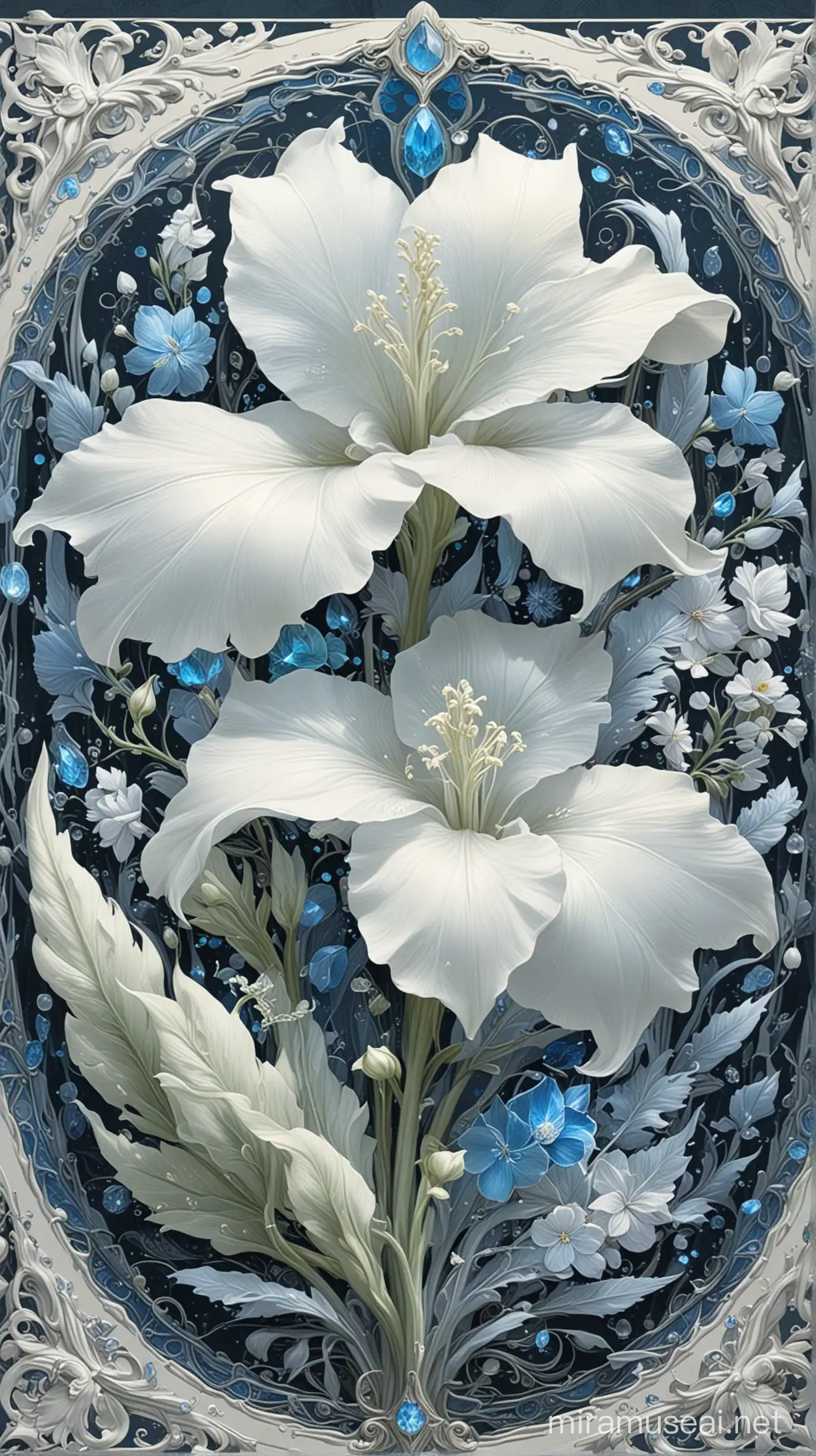 infographic of one morph bellflower artifact, full-length, specimens of ethereal white clear petals, very delicate and beautiful, FINAL FANTASY 10, white and blue gemstone decoration, lithograph, good design sense, fresh dreamy colors, highly detailed, Art Nouveau style illustration, oil-color on canvas
