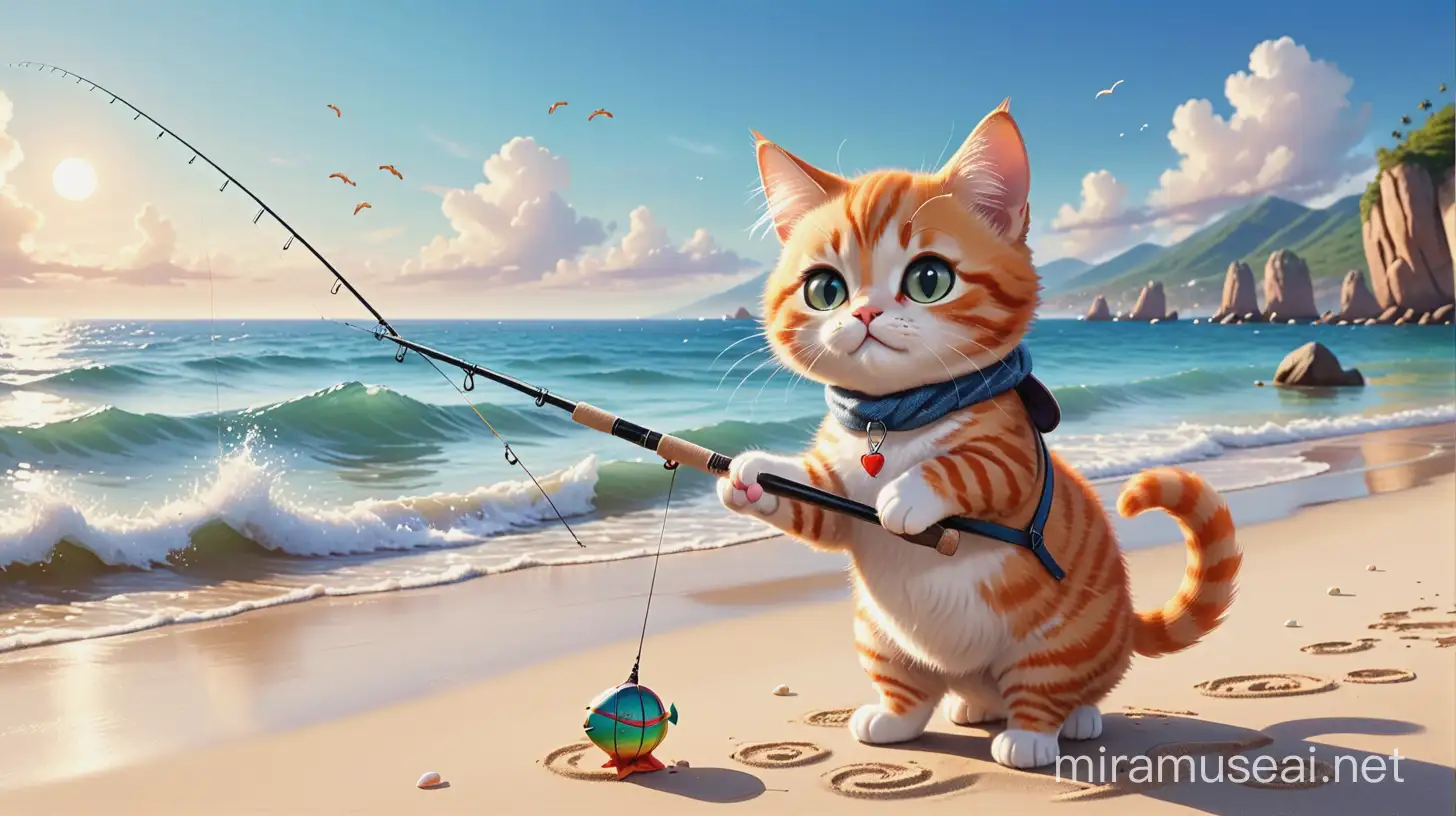 One cat is fishing, fishing rod in hand, big sea, beach, sands.