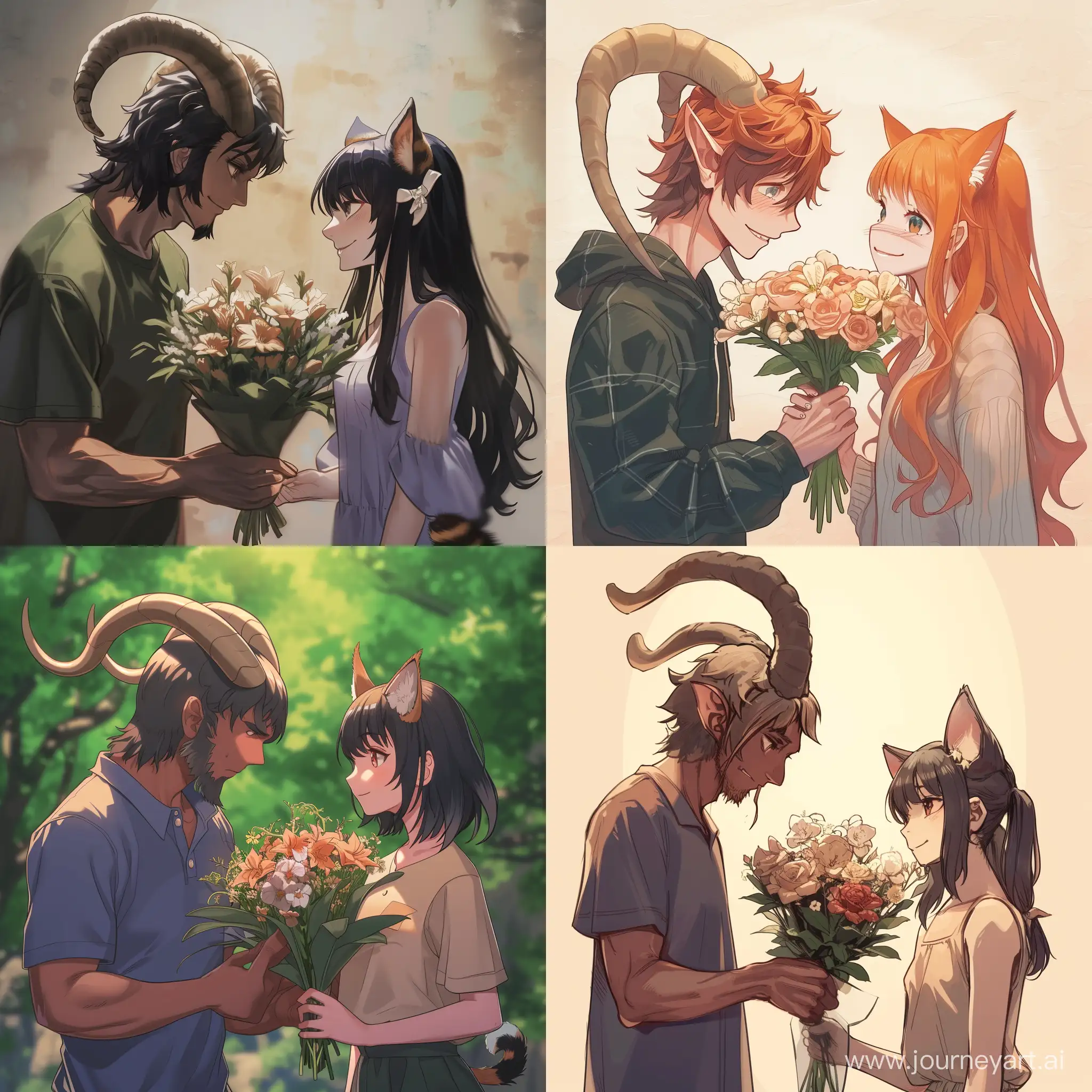 Fantasy-Anime-Character-with-Goat-Horns-Presents-Flowers-to-CatGirl