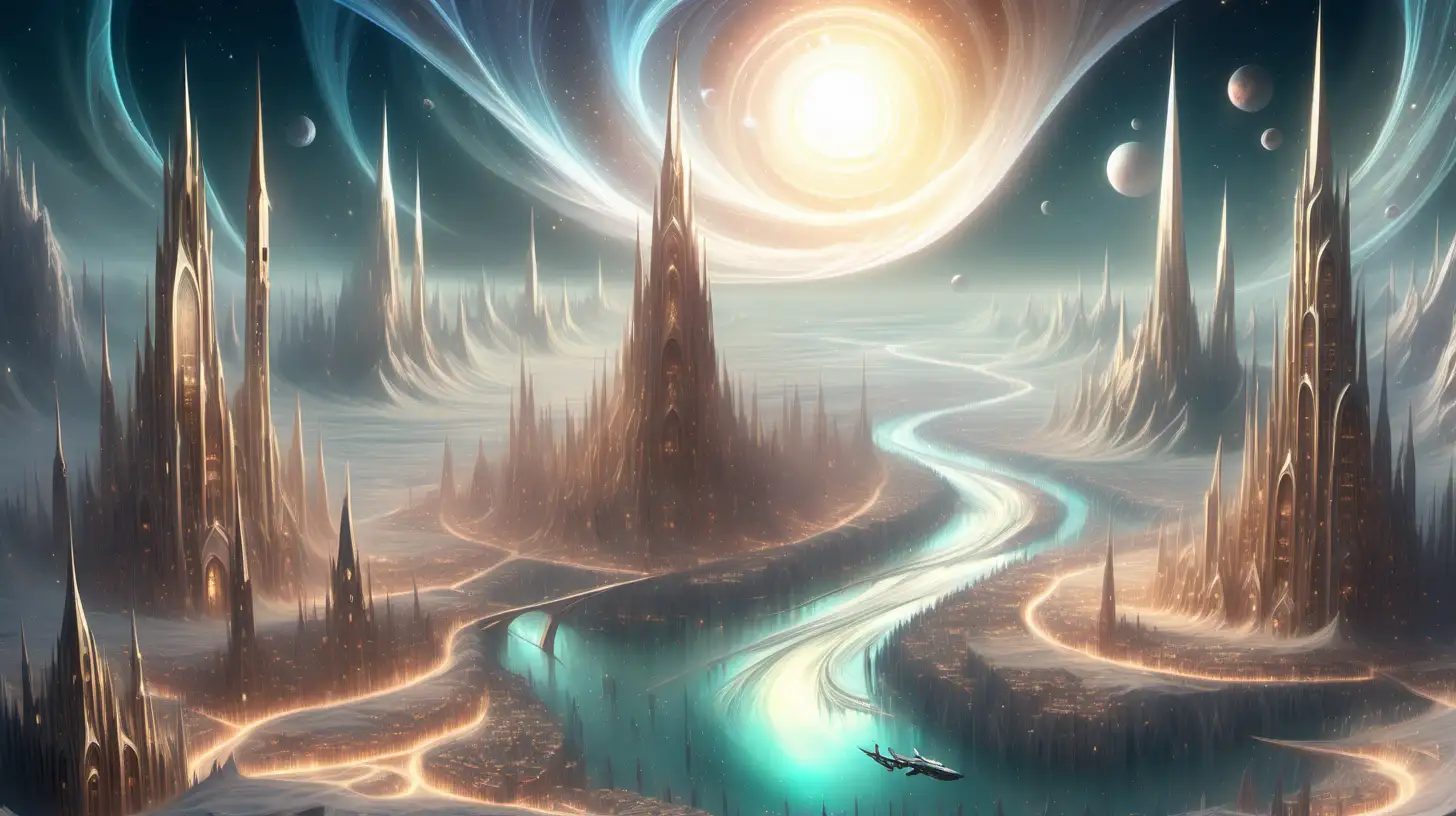 Ethereal Plane more city detail with majestic spires, luminescent rivers flowing through city in a univeral valleys of crystalline sands."