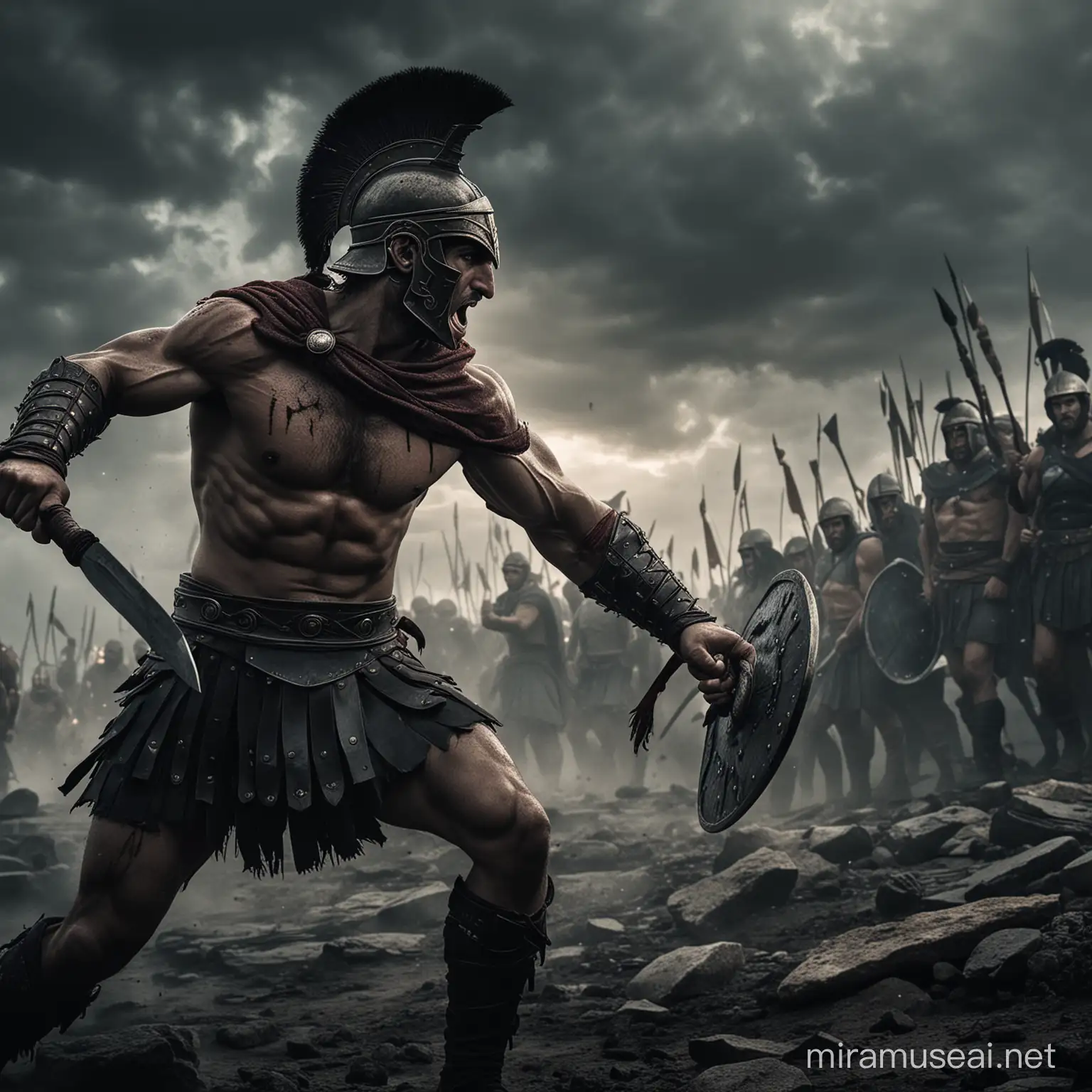صورة سينمائية غامضة مظلمة رهيبة عن رجل محارب يوناني قوي وهو يقاتل في معرمة شرسة متغلبا عليهم