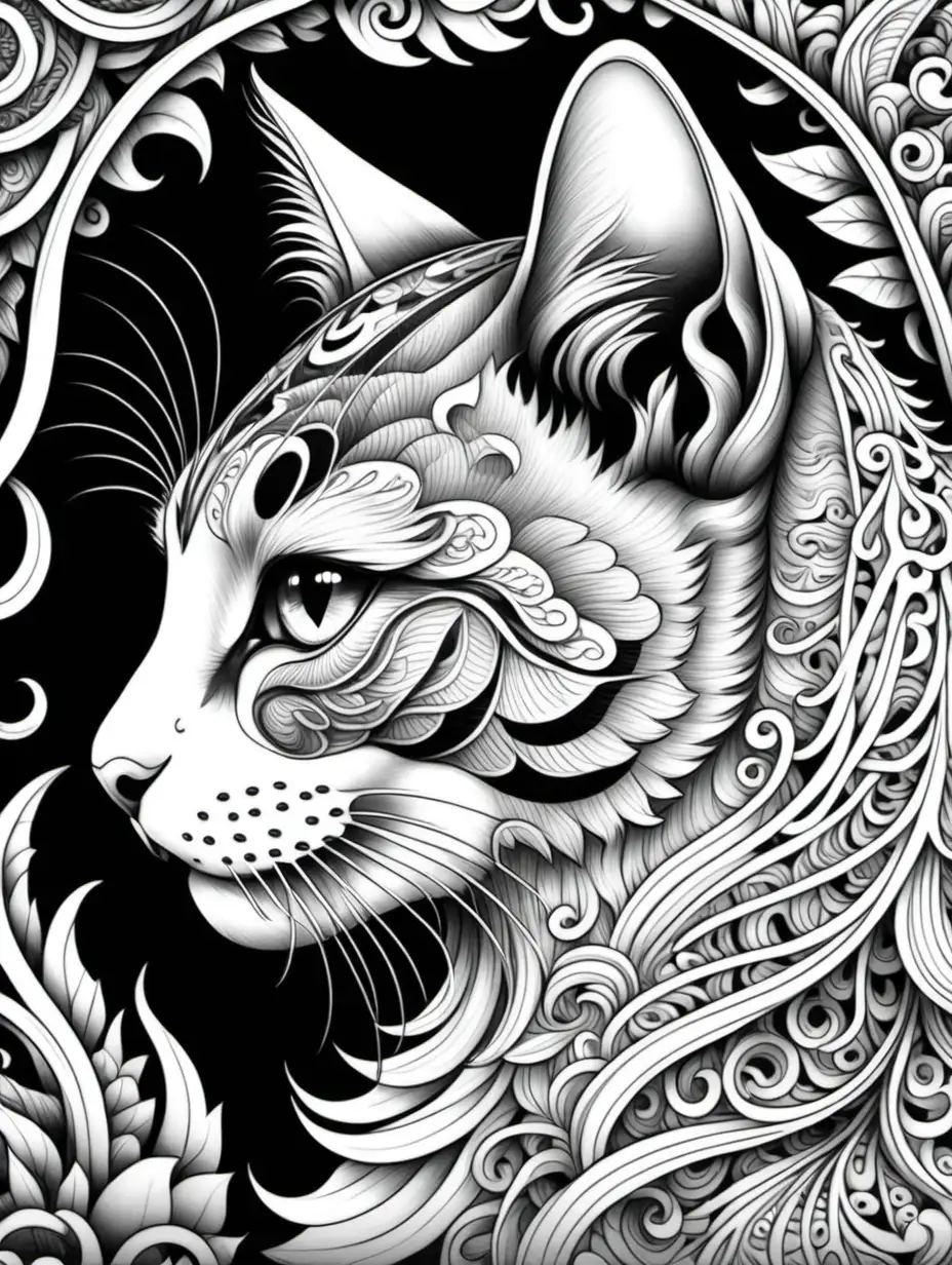 adult coloring book, black and white, intricate, fantasy,  profile, cat,  high detail, no shading