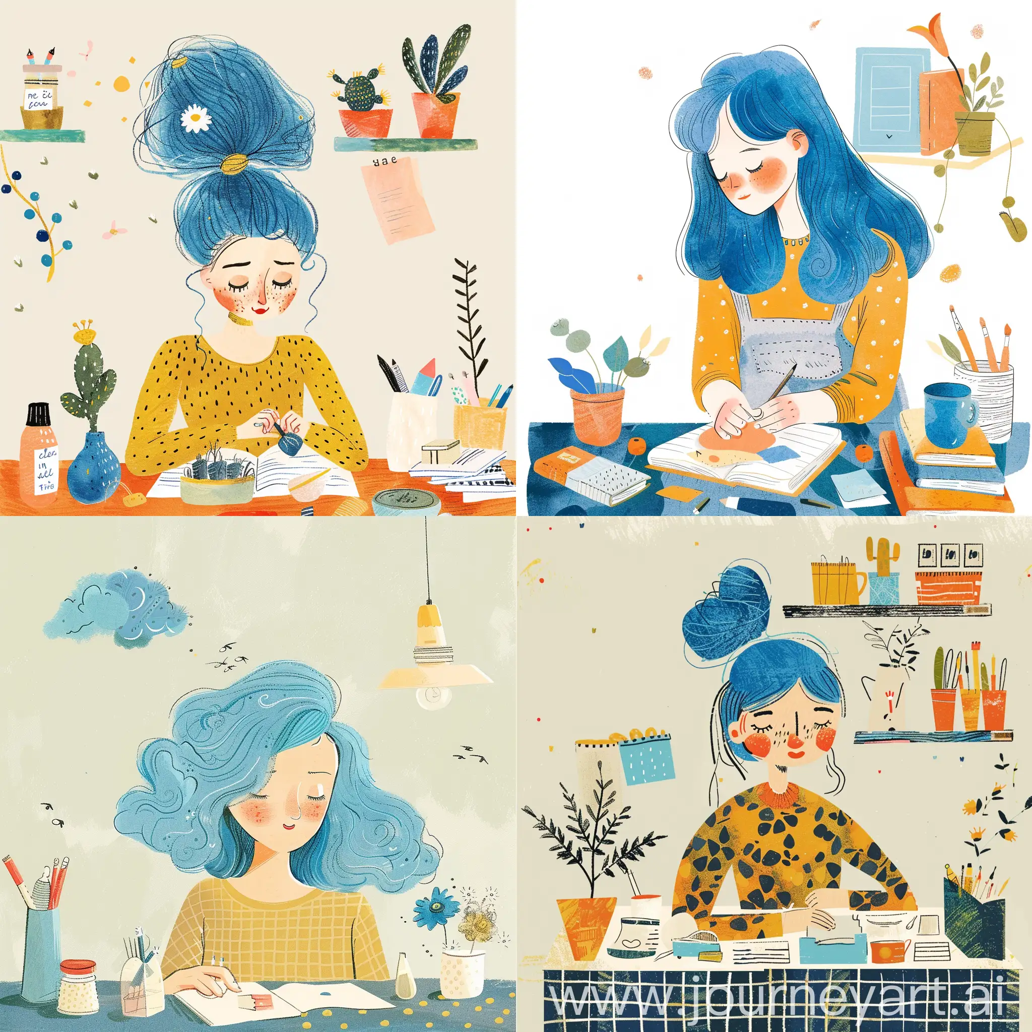 illustration of a gwoman with blue hair who is working onm tasks, children’s book illustration, whimsical and simple illustration aesthetic, bright colors, in the style of Clémence Guillemaud