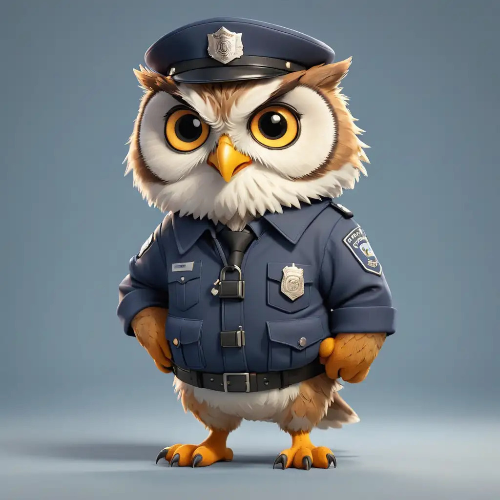 a cute Owl  in cartoon style in full body in police clothe with clear background