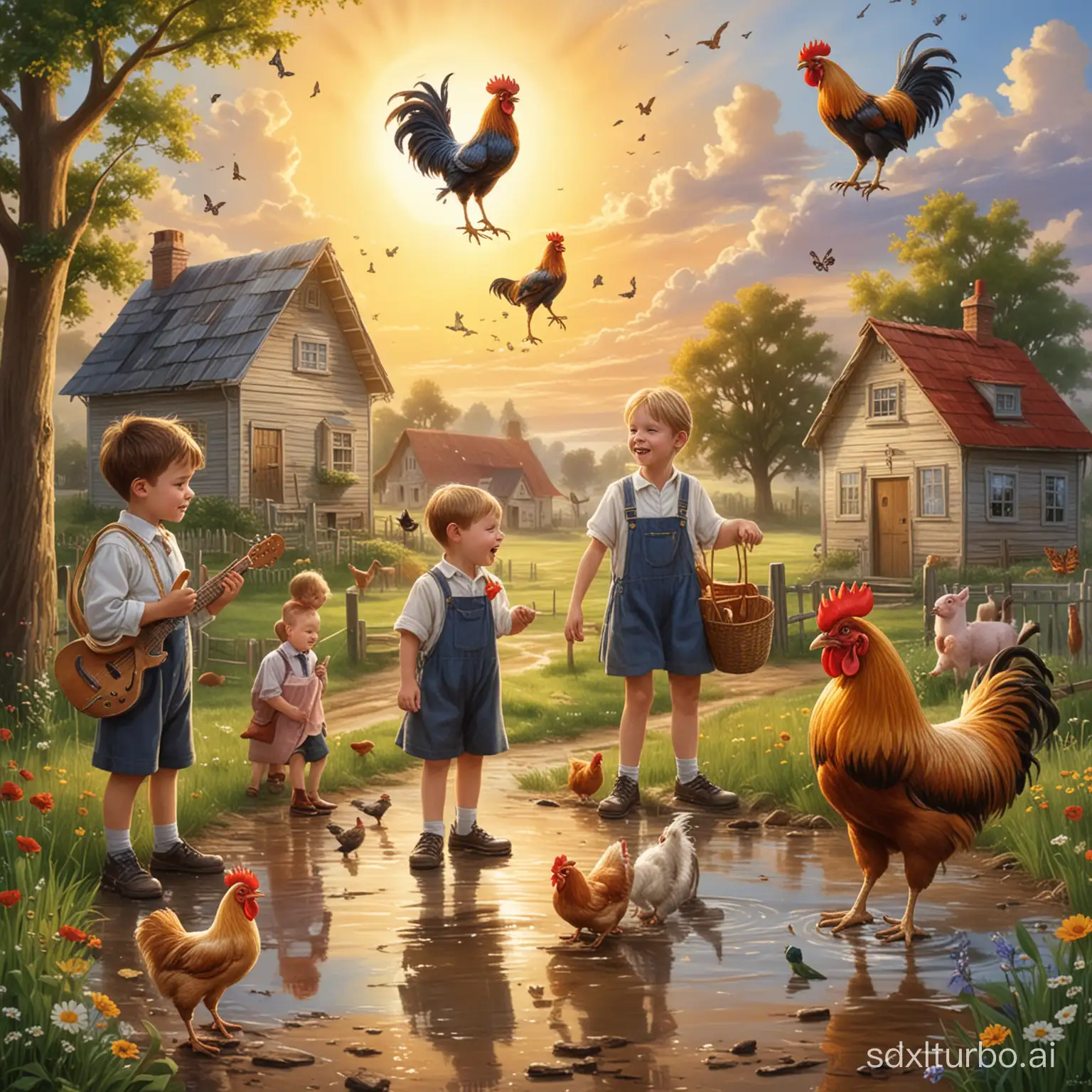 a sun 
a bird 
a puddle 
a rooster 
a dog 
a pig 
children singing 
a school 
