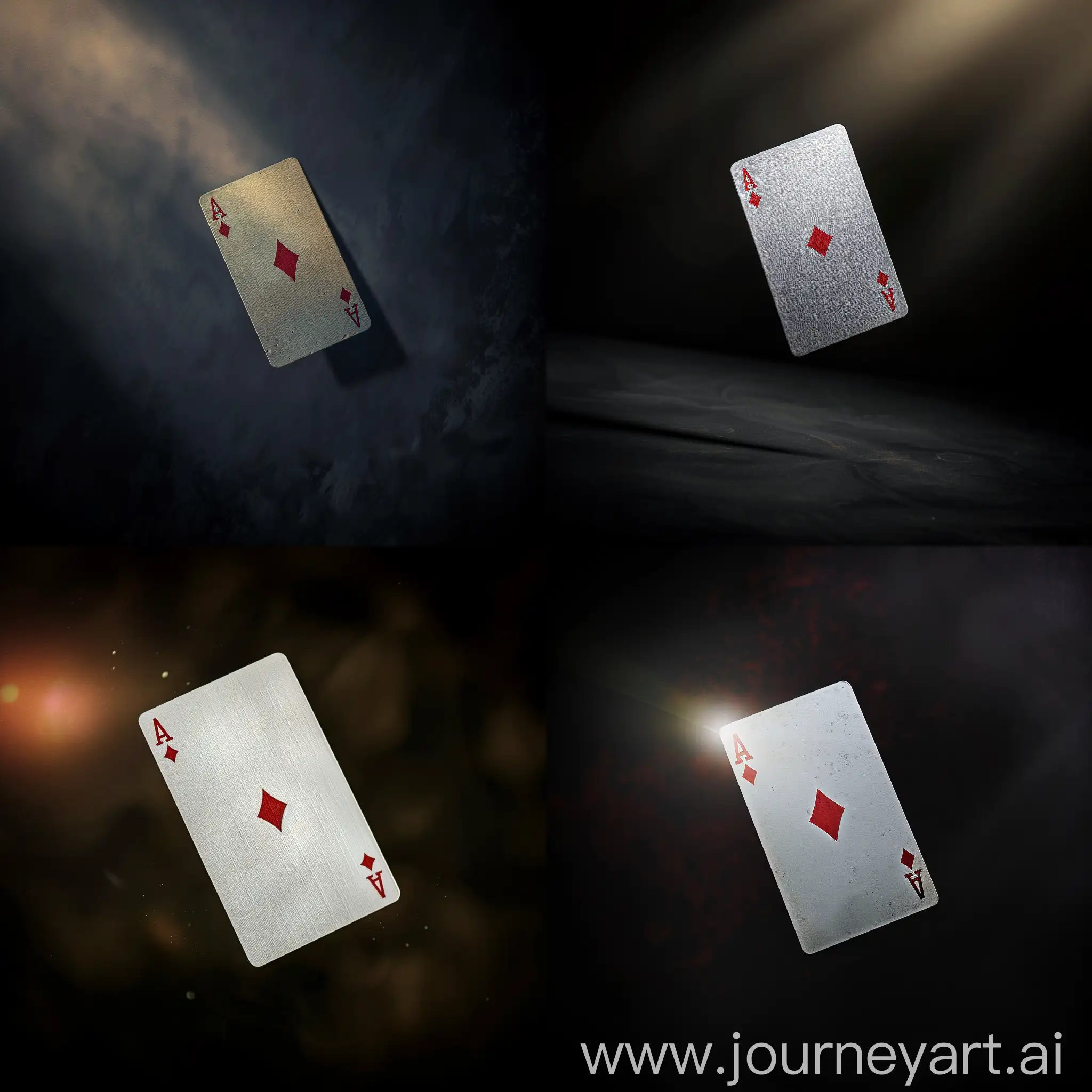 A playing card is floating in a dark, black room, with a soft light striking the card from the left side.