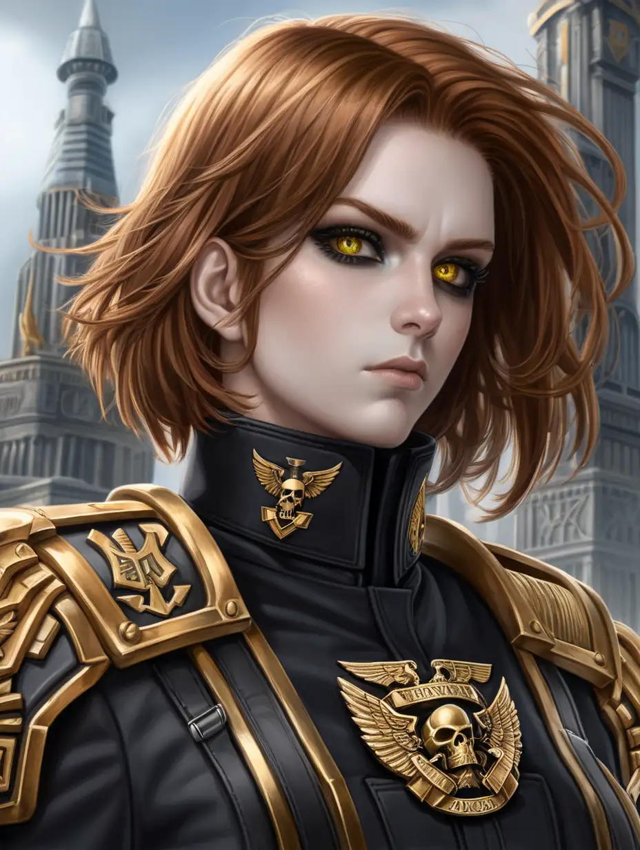 Setting is Warhammer 40K. General muscular woman. She has auburn hair. She has an extremely short tomboy hairstyle. Her gold eyes have a glow. She has black eyeshadow. She has pale skin. She is wearing a black uniform with a high collar wind gaiter. Background scene is a Warhammer 40K city. She has a lot of gold Imperium insignias on her uniform. Her uniform is black.