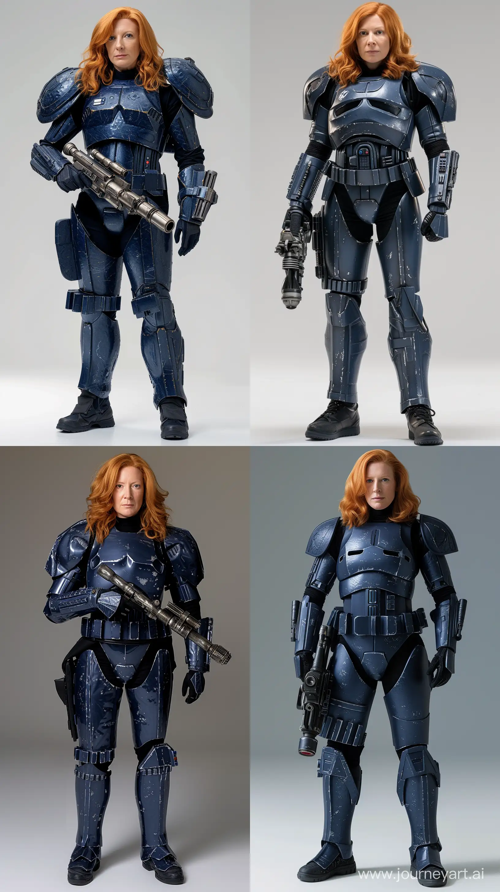 A tall version of Gillian Anderson with ginger hair wearing a suit of plated dark blue stormtrooper armor and holding a smooth futuristic metal blaster. entire body shown. feet shown. --ar 9:16