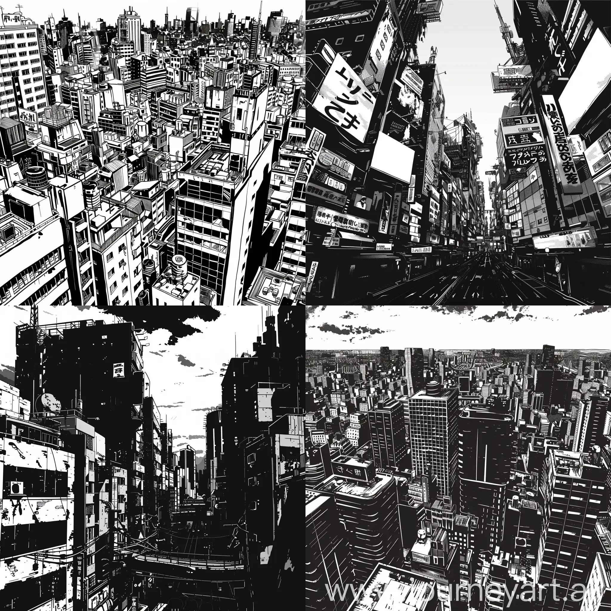 black and white manga city background