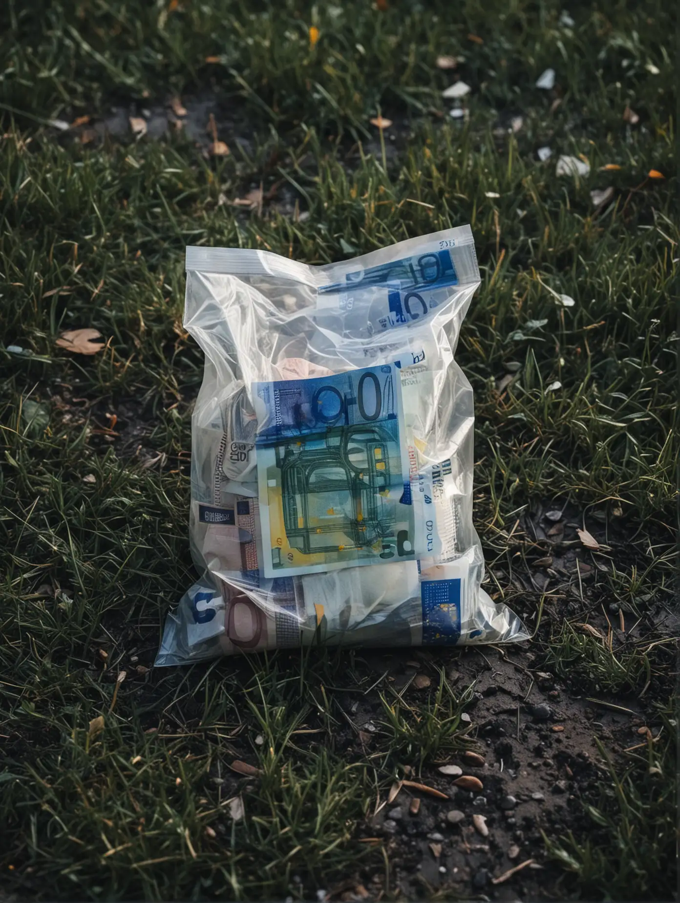 ambiance glauque de nuit,
un petit sac plastique un peu transparent rempli de billets d'euros pausé sur le sol avec un peu d'herbe