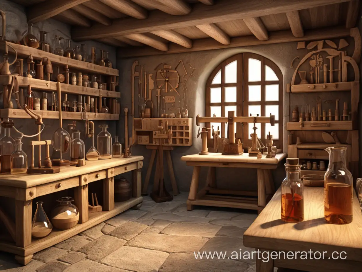 Лаборатория средневекового деревенского доктора, комната должна быть из дерева