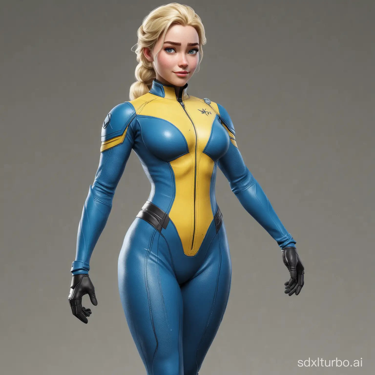 realistic Elsa full body, with thick fit body, X-Men tight uniform, small shoulders, big ass, freckleless with Fallout blue and yellow suit