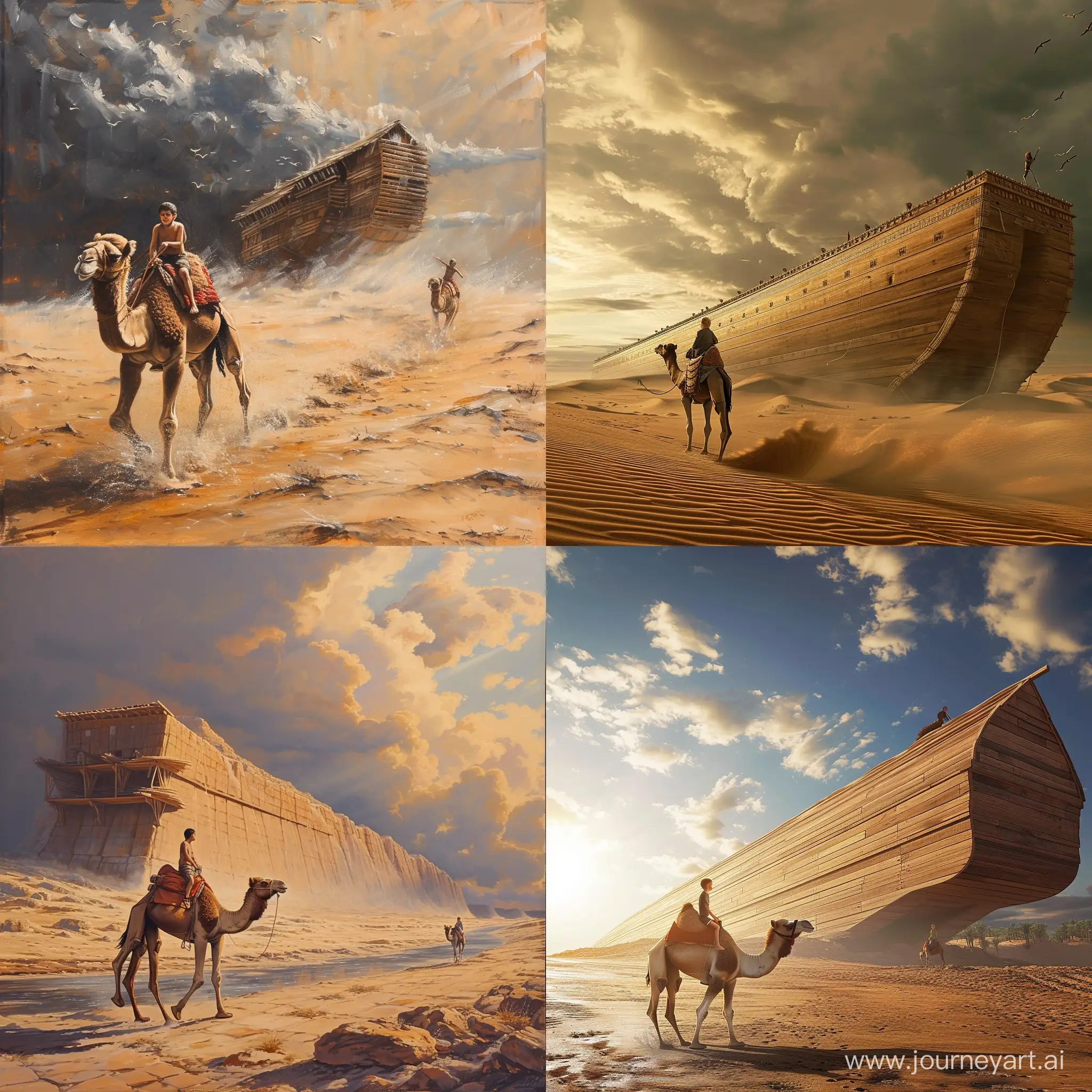 ковчег в пустыне и мальчик едет на верблюде