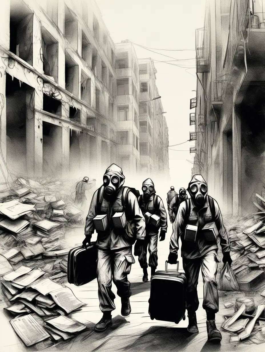 Gas Mask Soldiers Evacuating Residents with Documents in Abandoned City Sketch