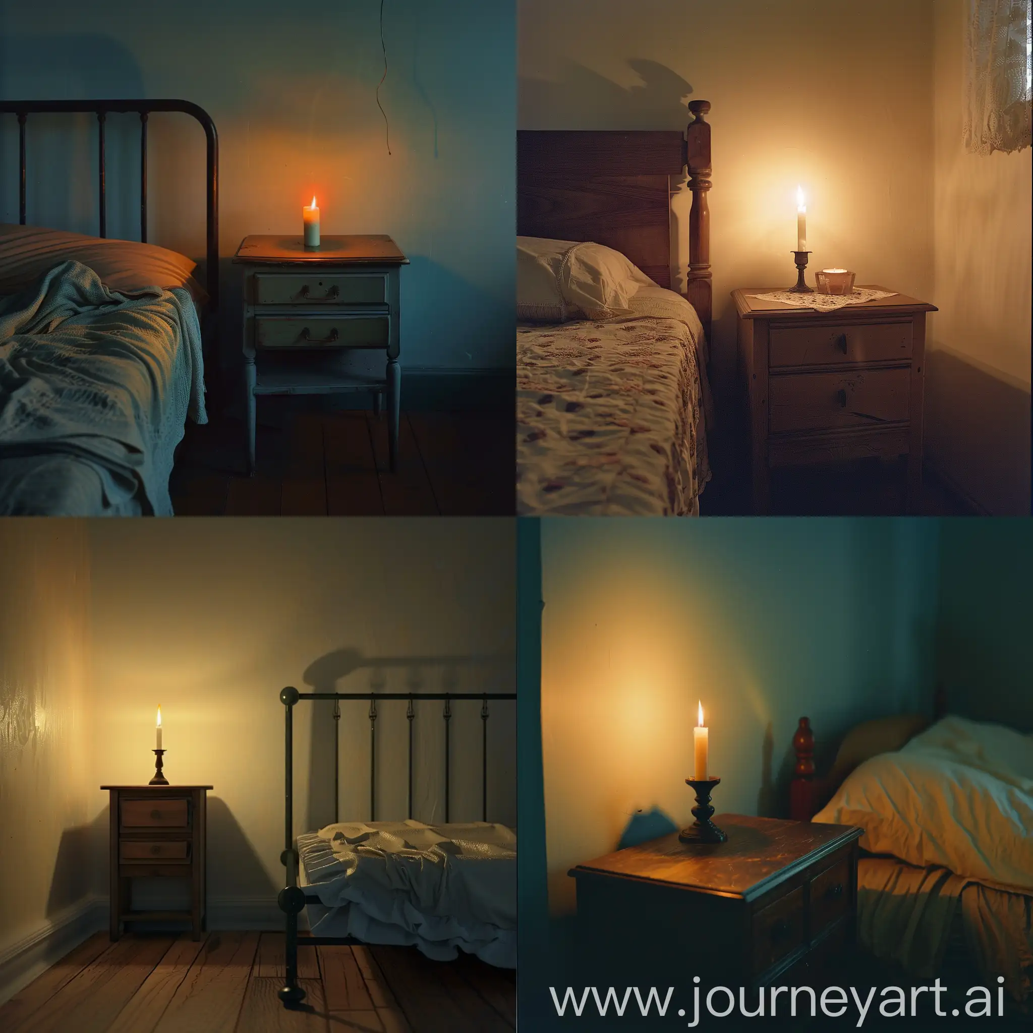 In a room illuminated by a burning candle on the nightstand, there is an empty bed next to the nightstand.