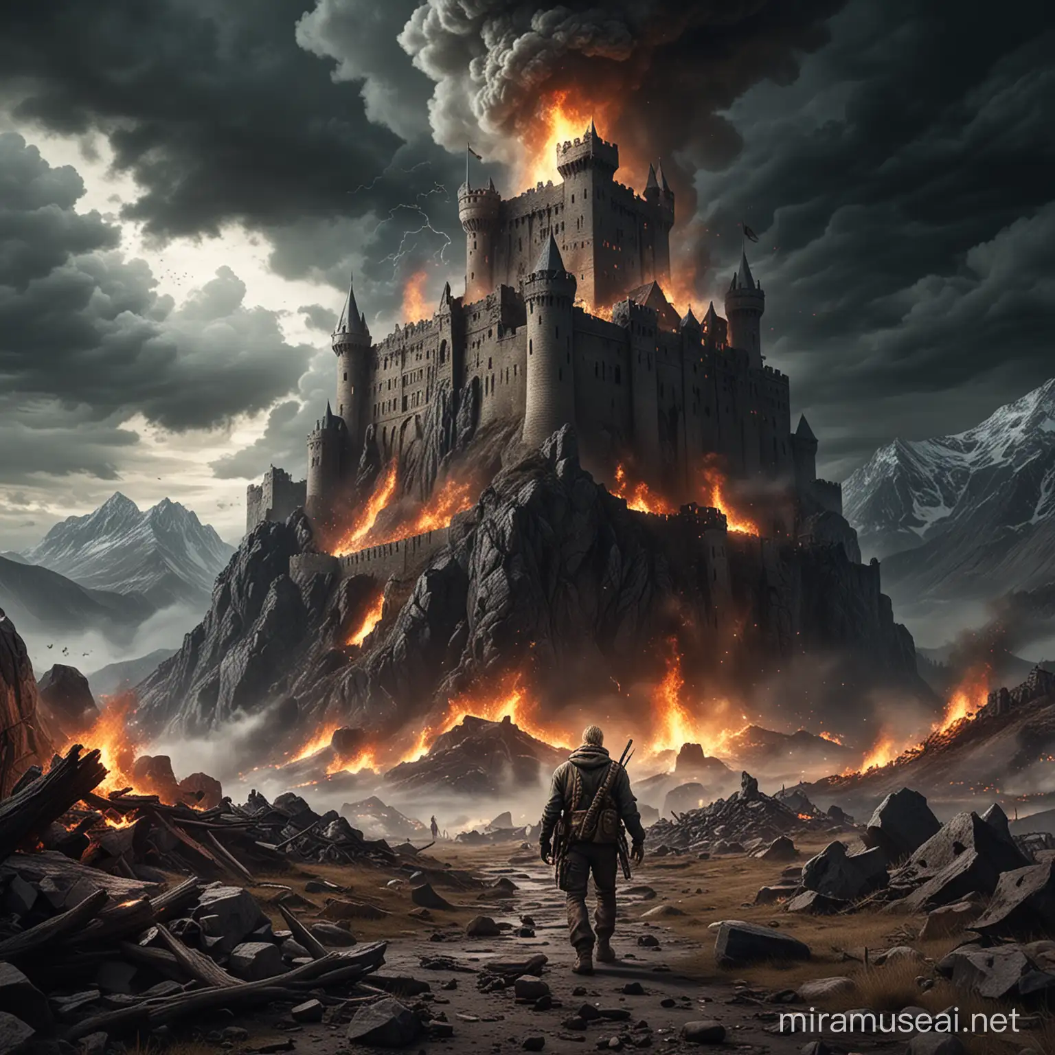 Blond Man Surviving Chaos Castle Amidst Fire and Storm