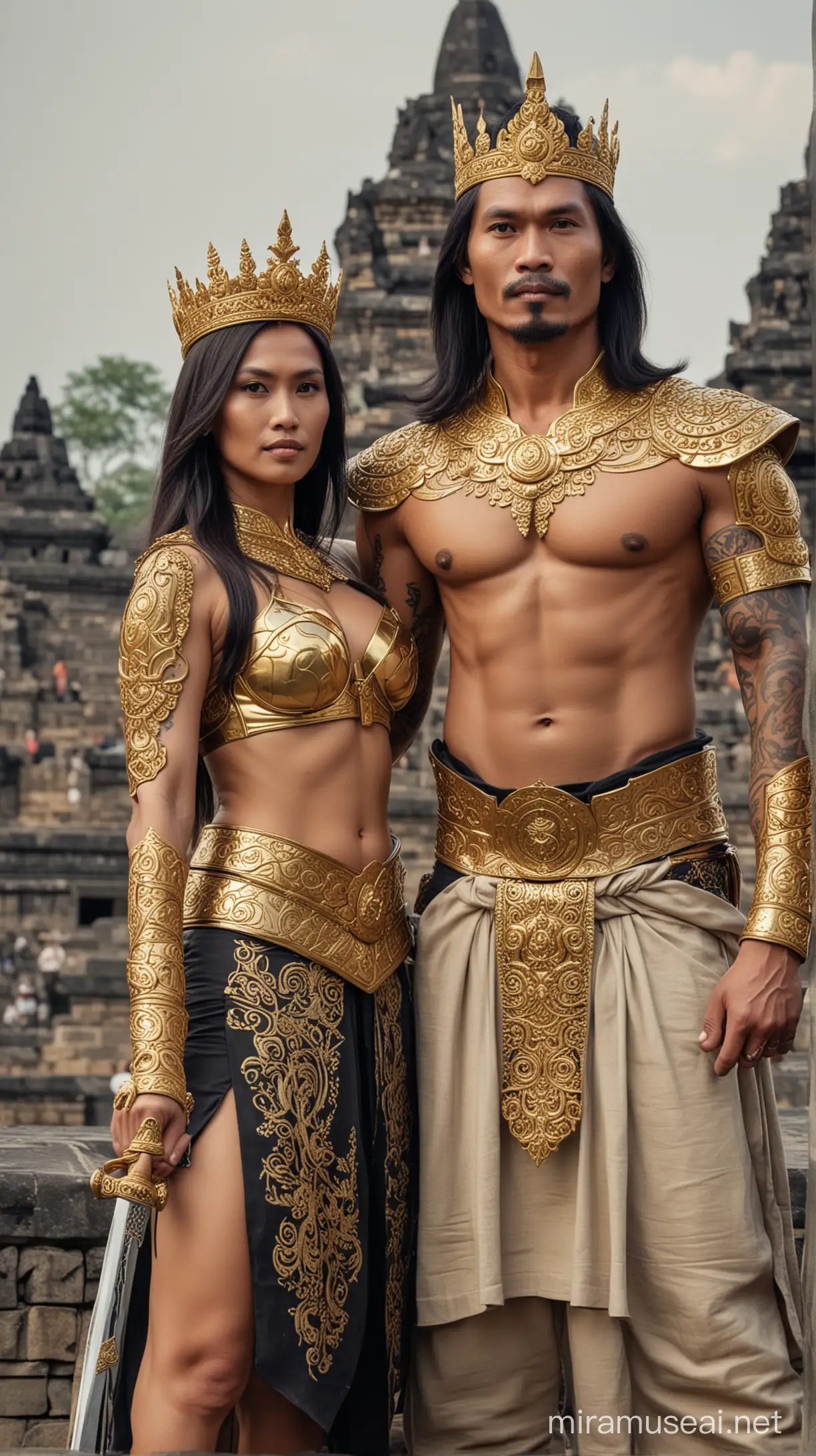 Majestic Indonesian Swordsman and His Radiant Wife at Borobudur Temple