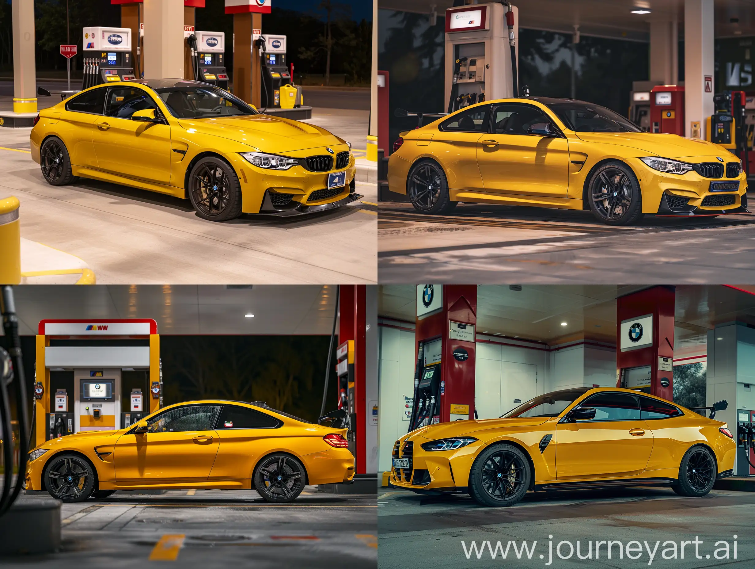 Yellow-BMW-M4-Parked-at-Gas-Station-Sleek-Sporty-Design-with-Black-Accents