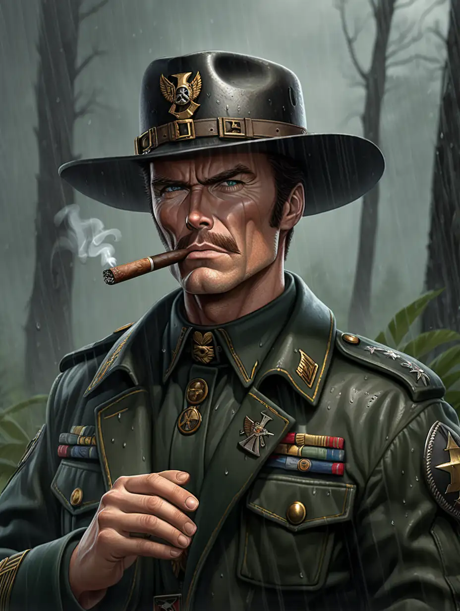 Warhammer 40K commando. He looks like a young Clint Eastwood with a large mustache. He has short brown hair. He is wearing a short dark black cowboy hat. His commando fatigues are dark brown. He is smoking a cigar. Background scene is a forest in a torrential rainstorm.