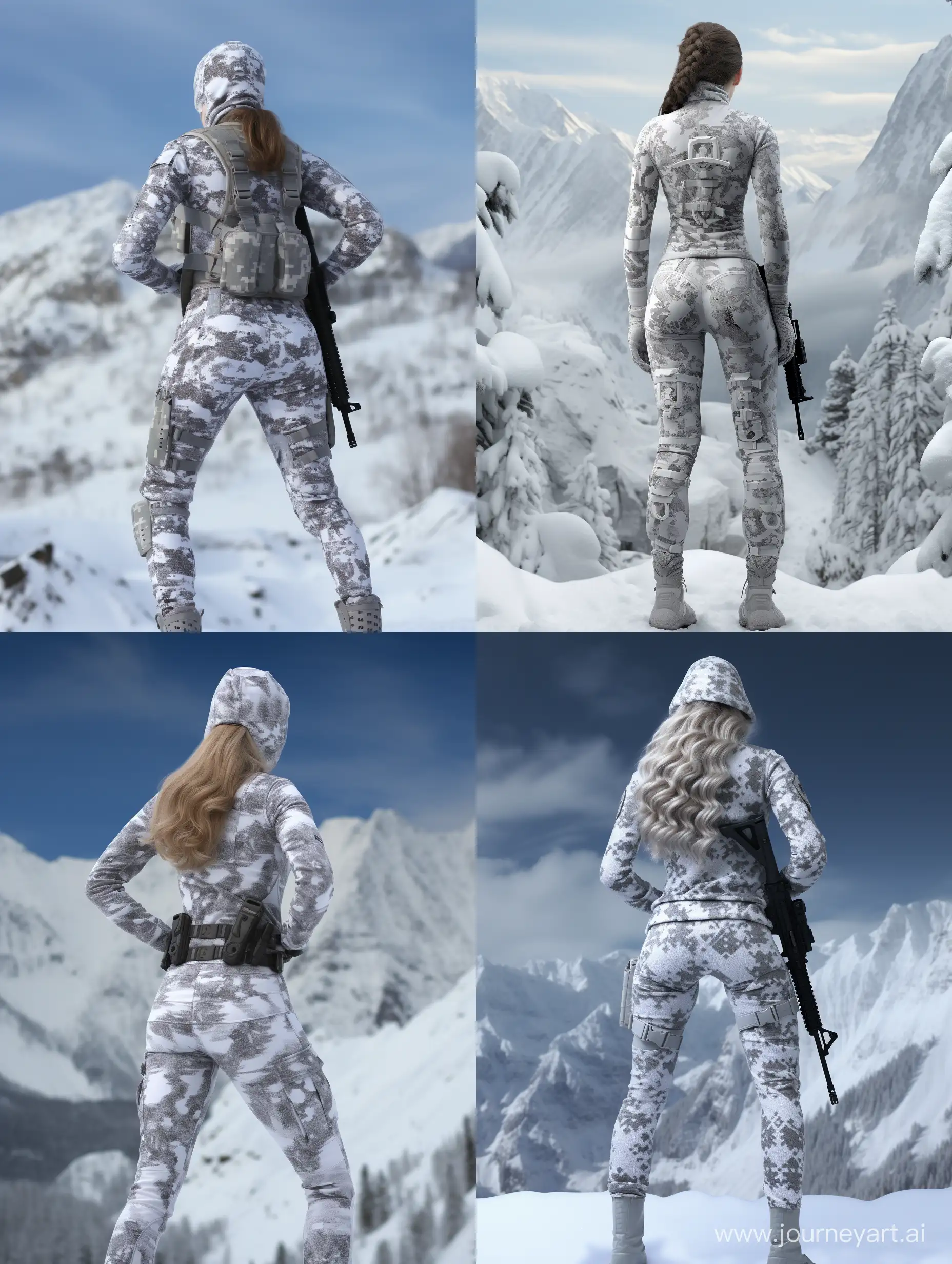 deep sky grey in uniform, snowman girl 32-year-old, full body, military camouflage tight leggings, Photos 8K, From the back, highly detailed, modern Star Wars military uniform private, solo, no weapon