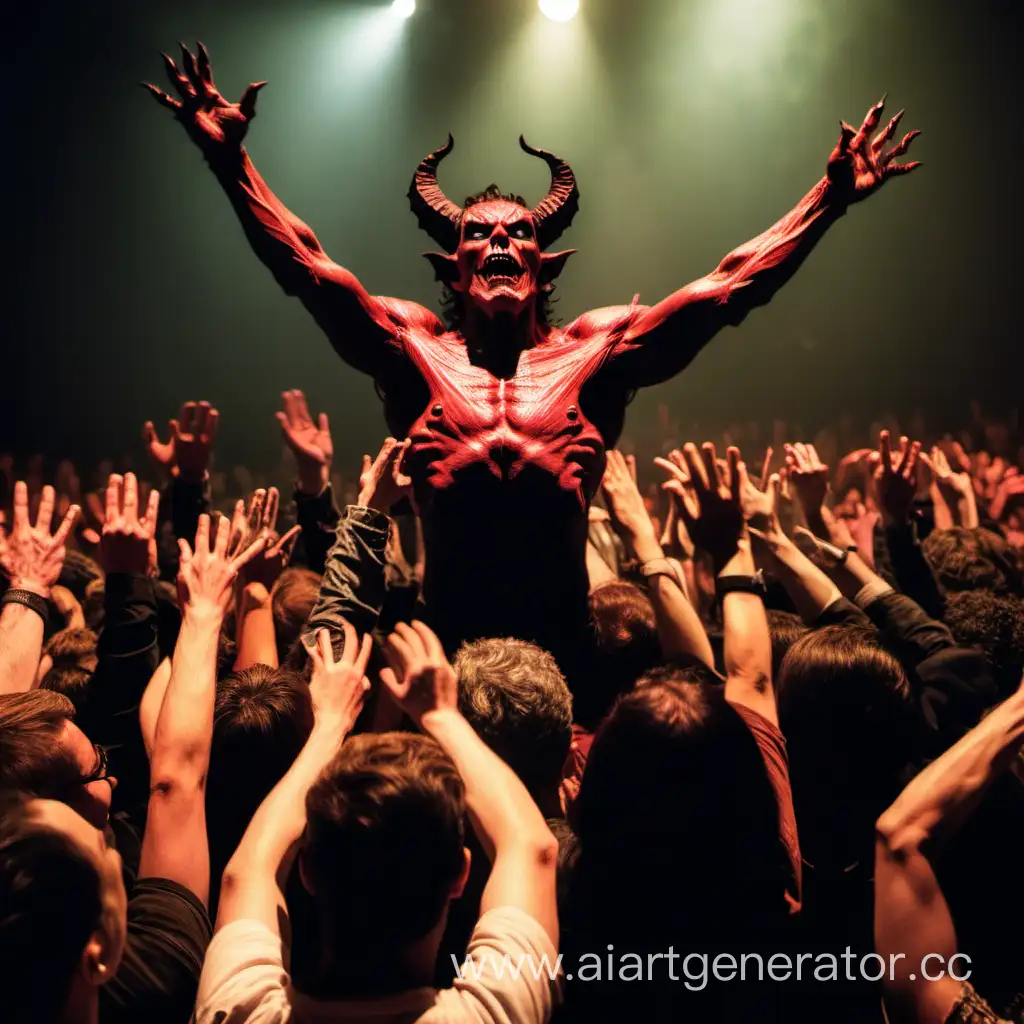 демон крушит сцену а толпа людей поднимают руки