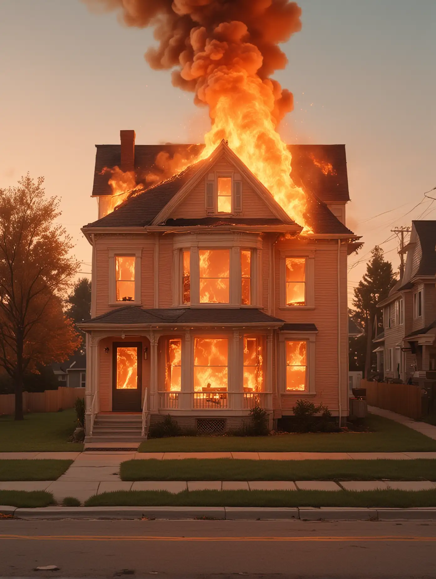 house on fire. realistic flames. wes anderson inspired house.  peach. neighborhood in background. 