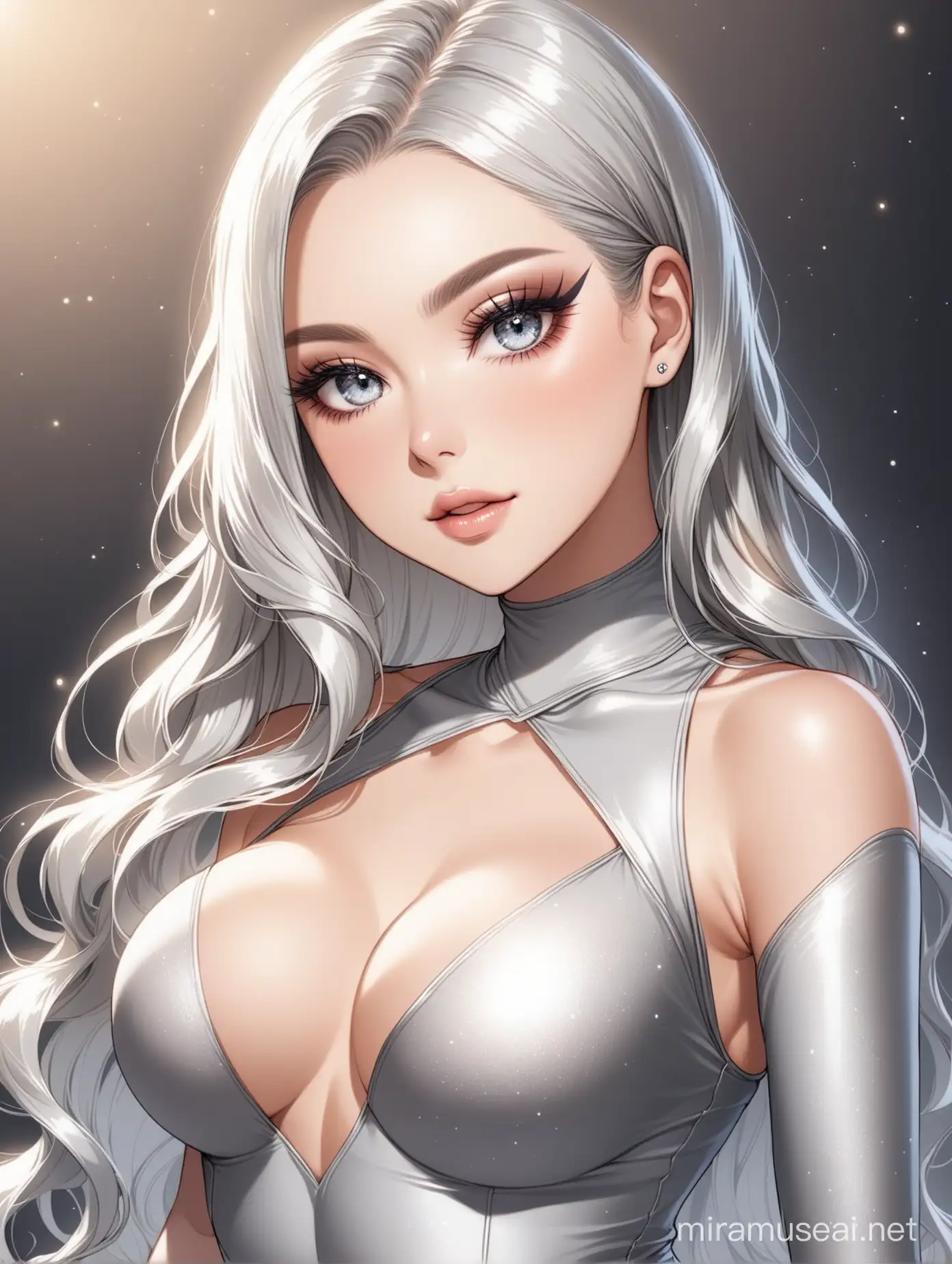 Elegant Woman with Platinum Wave Hair in Gray Color Eyes