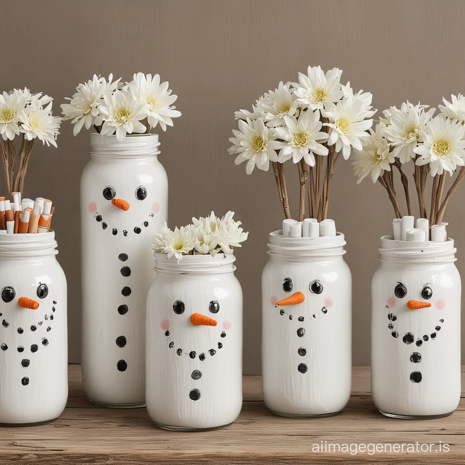 various repurposed jars painted white, with crafting supplies to make the jars decorated as snowmen; fill the jars with various white flowers