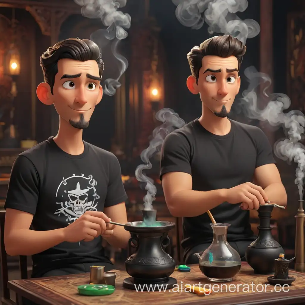 Cartoon-Men-Relaxing-with-Hookah-at-3D-Table