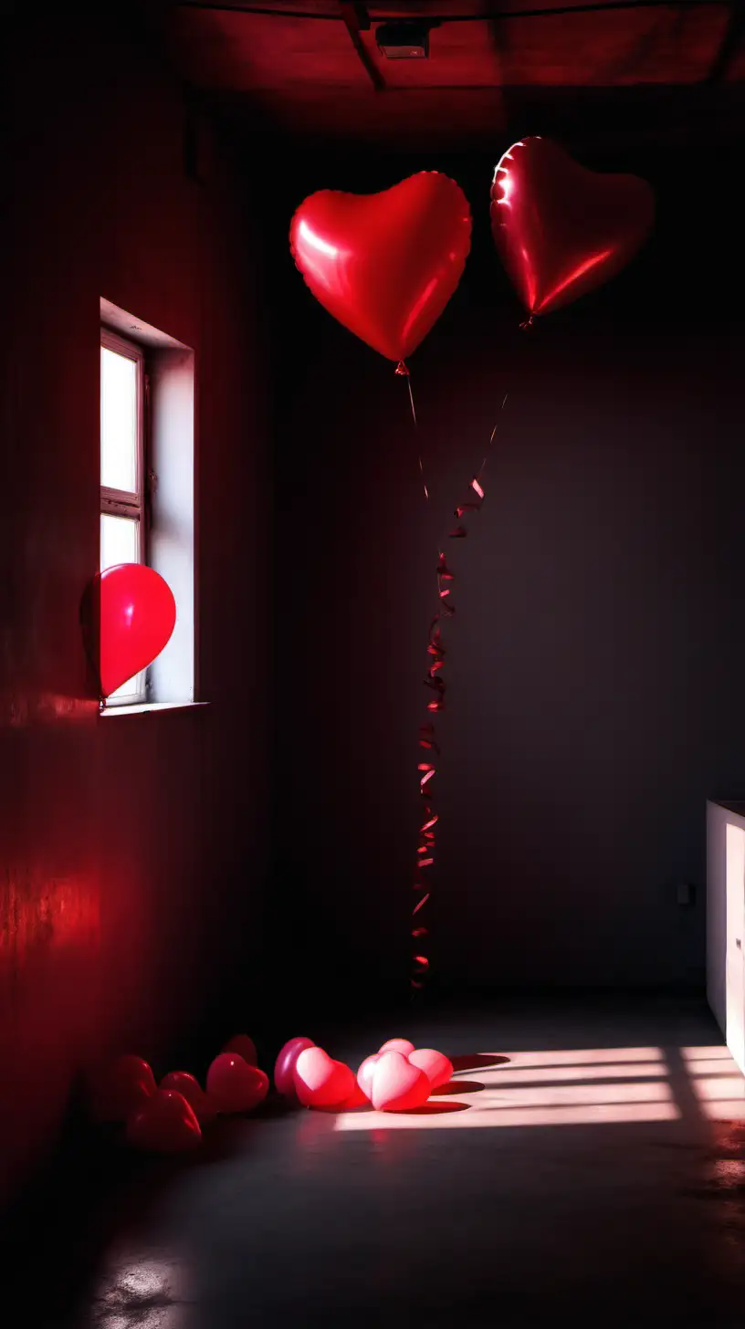Romantic Valentines Day Scene with Red Balloons in a Dark Room