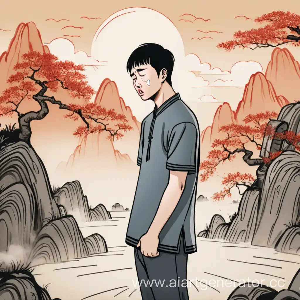 Изобрази китайского парня  в окружении красивого фона и чтоб он стоял  и плакал
