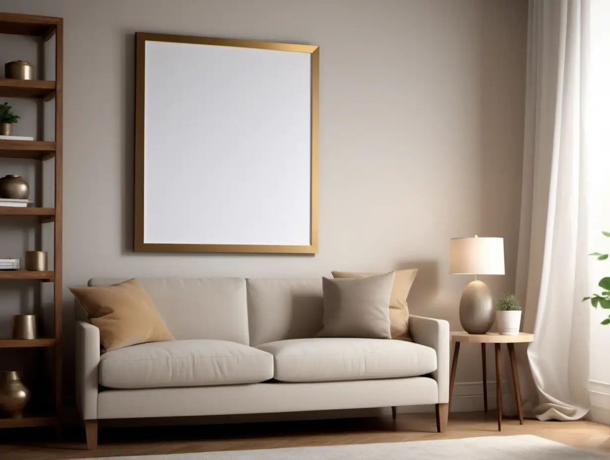 Nestled within a welcoming living room, an elegant picture frame with a large empty canvas stands in the center, zoom in on the picture frame the side angle