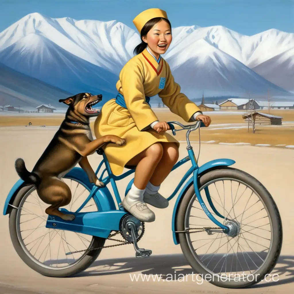 Молодая бурятская медсестра с голыми коленями и длинными рукавами едет на велосипеде. Собака хватает её зубами за халат
