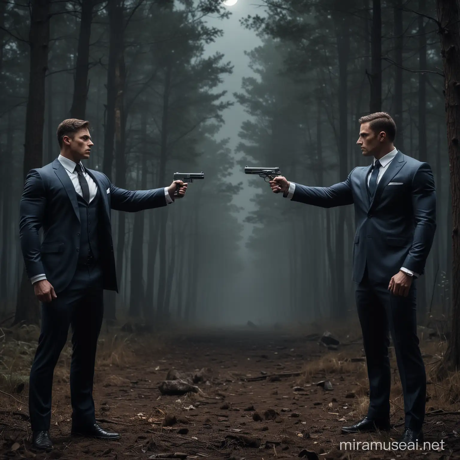 2 bulked muscular man dressed in a suits pointing a guns at one another,  The background  is of a dark forest during midnight with only moonlight shining over the scene 