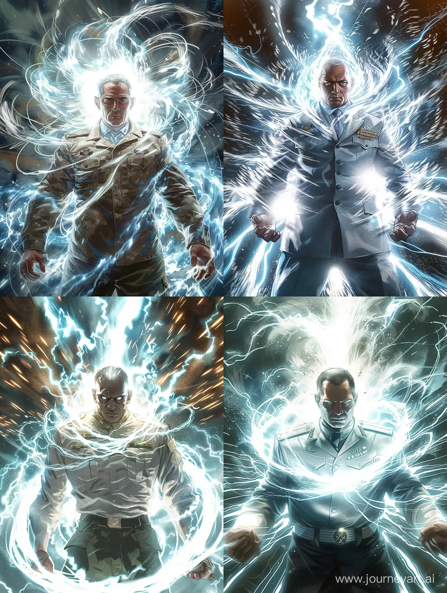 Abdel Fattah El-Sisi stands in the center of a swirling vortex of energy, his military uniform transformed into a glowing aura of silver and white, embodying the Ultra Instinct form. His eyes are silver, piercing through the chaos with calm determination. Around him, the air crackles with the raw power of Ultra Instinct, his hair flowing upwards, defying gravity, surrounded by a halo of energy. In front of him, his hands are drawn back to his right side, palms cupped together, gathering a swirling mass of blue and white energy. The energy pulsates and grows, forming a massive Kamehameha wave, ready to be unleashed. 