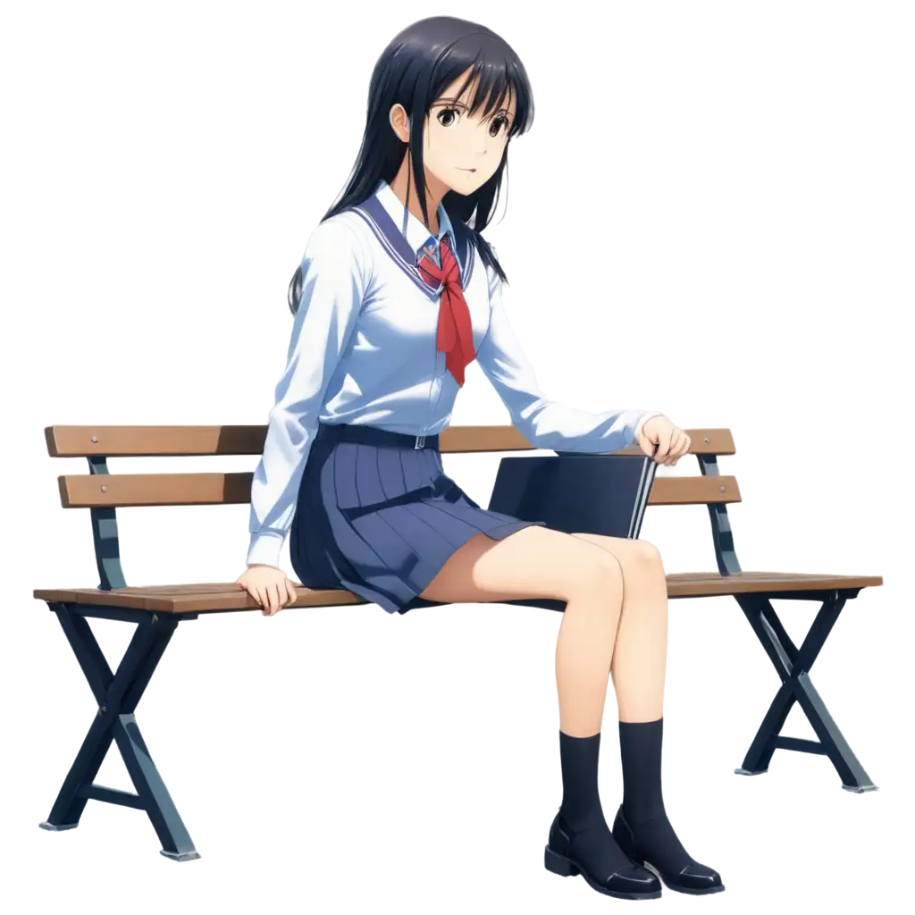 modern anime, girl on bench, school uniform
