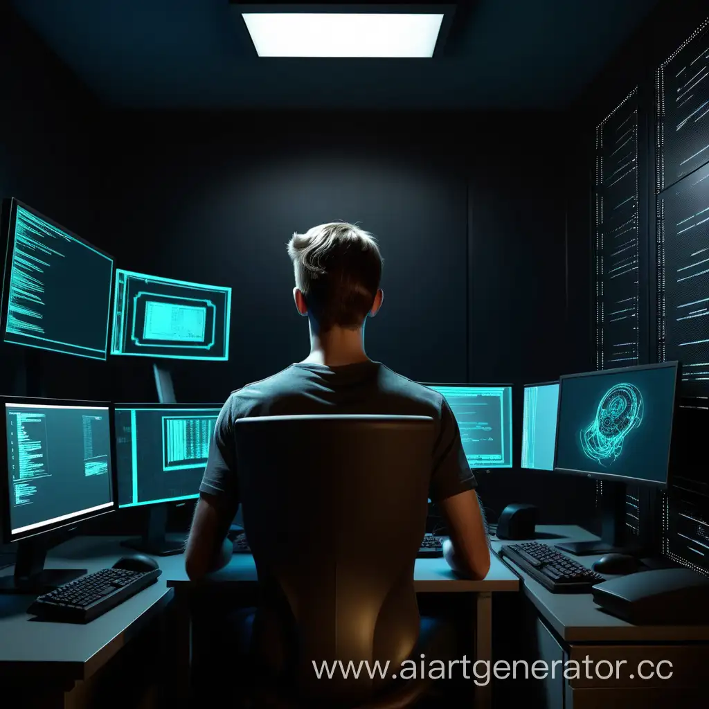 Программист сидит в темной комнате, с дорогим и мощным компьютером