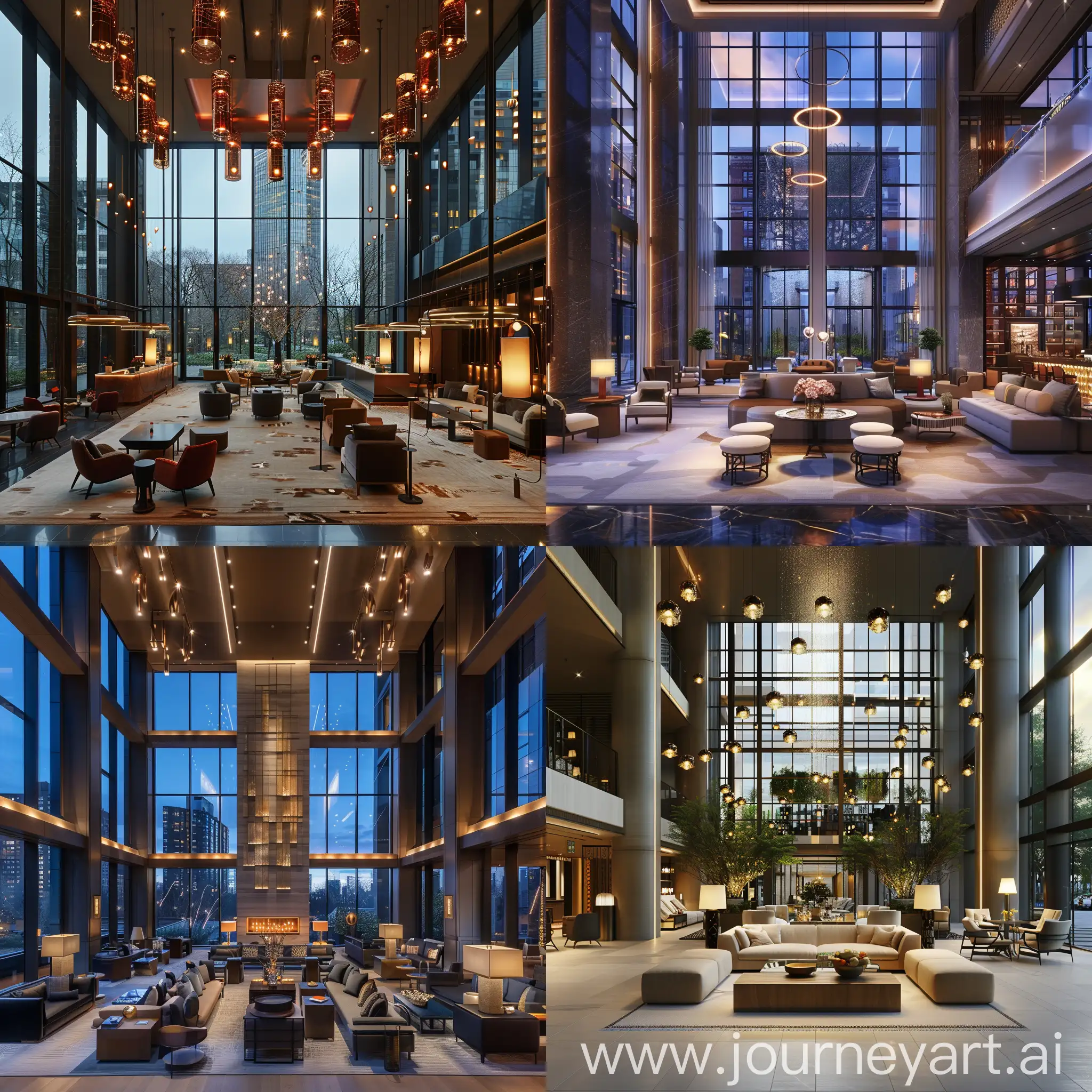 Neo-cosmic hotel lobby, double length floor to celling windows, high celings, inspiared by central park penthouse arcitecture, with moving lights, desighner italian furnature
