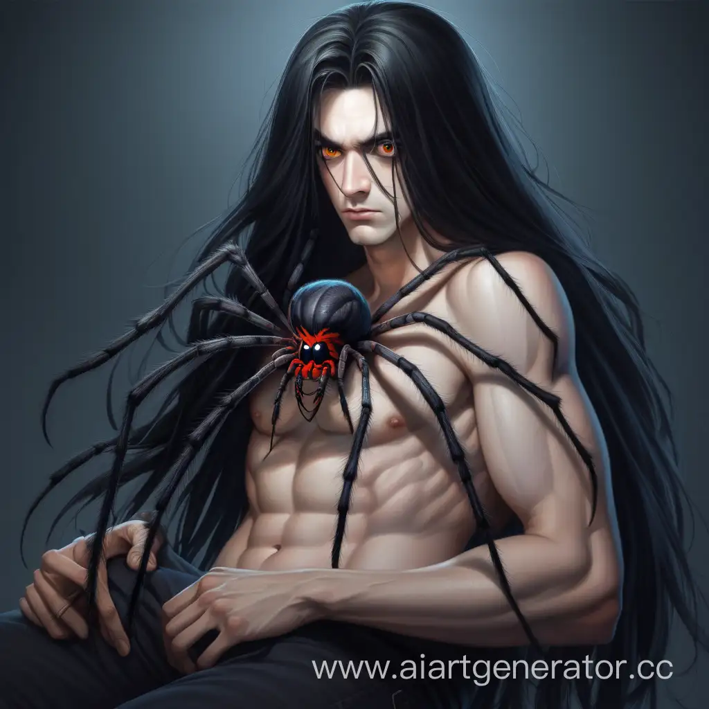 Mysterious-Man-with-Long-Black-Hair-and-ShoulderMounted-Spider