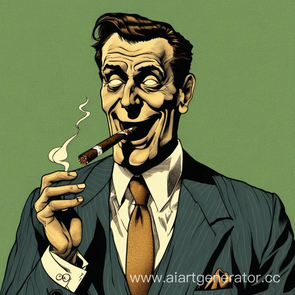 a money-grubbing man in a classic suit with a cigar in his teeth.