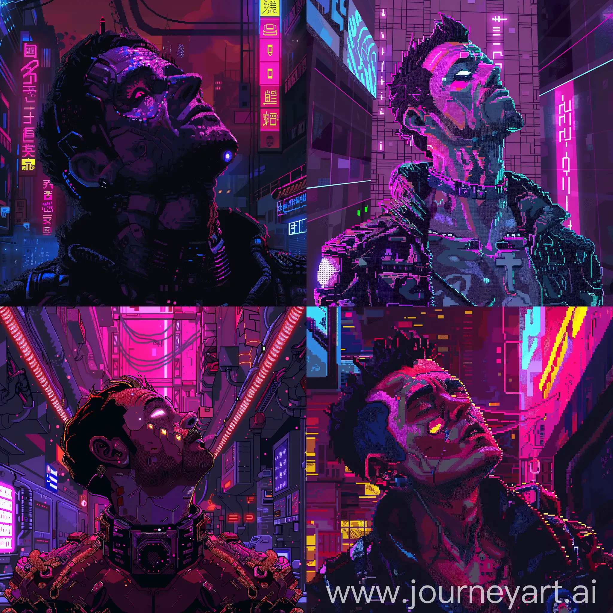 Cyberpunk-Man-Gazing-Amidst-Neon-Lights-in-Detailed-Pixel-Art