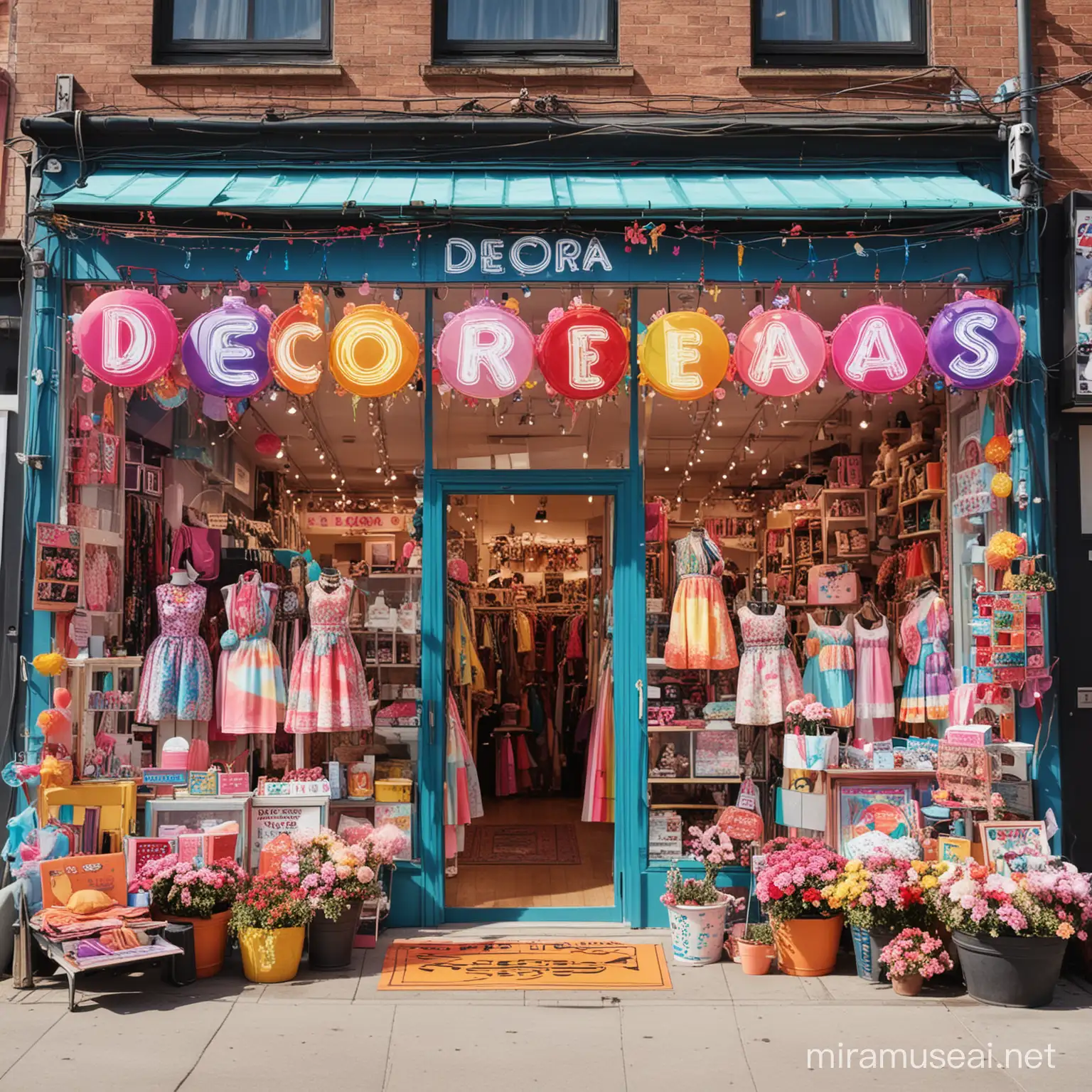 the outside of a store that sells decora fashion clothes, that has brightly colored signs and many accessories