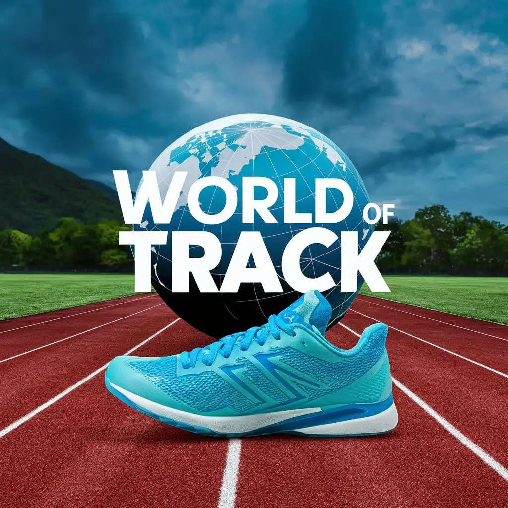 logo, Globe, running track, running shoe, with the text "World of Track", typography, be used in Sports Fitness industry