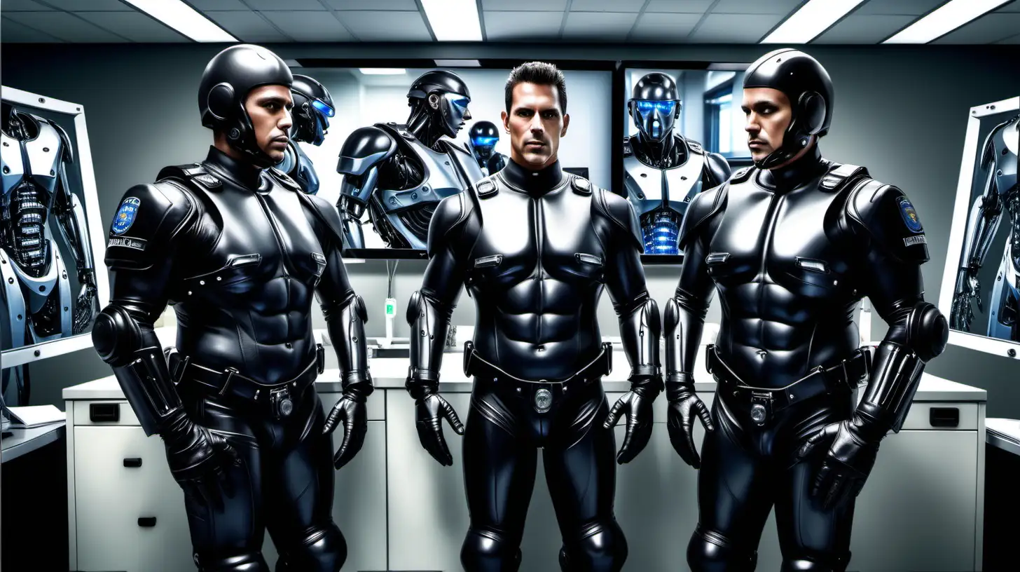 in a futuristic scientific research exam room with large monitors on the walls showing images of men with the lower part of their bodies coverted to robots and their chest still flesh, facing forward are two lapd motorcycle officers, with very physically fit and muscular bodies, both with identical faces, wearing tight 1 piece very shiny black rubber suits,  metallic silver cod pieces, police dehner boots, form fitting tight police leather motorcycle jackets,  detailed, epic realism, 16:9