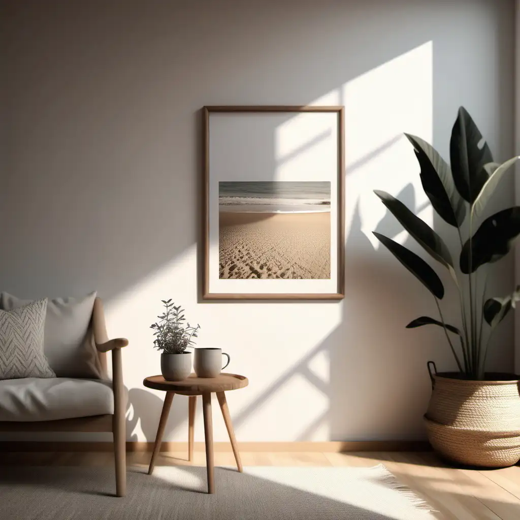 Cozy Boho Living Room Wooden Frame Mockup in Scandinavian Style