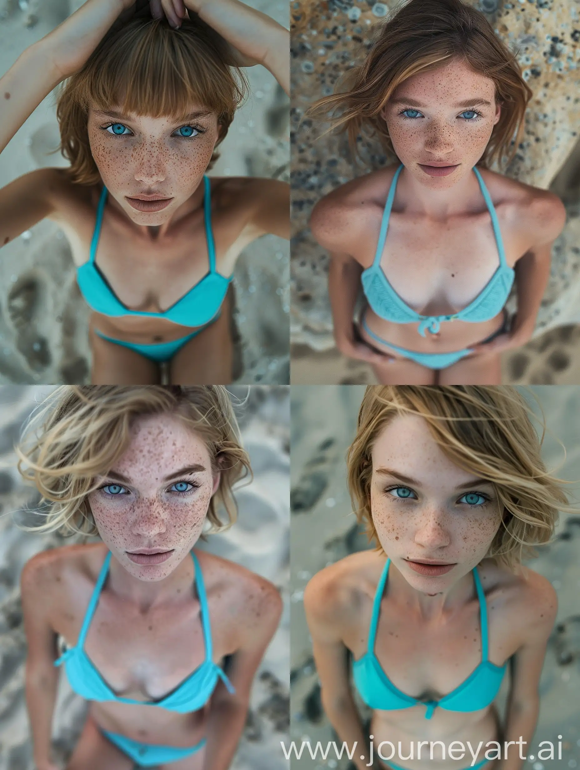 gorgeous cute model with wider blue eyes, some freckles, wearing blue bikini, posing on beach, angular germanic face, short chin length blonde hair with black highlights, super skinny, posing eye contact, full body shot, view from above