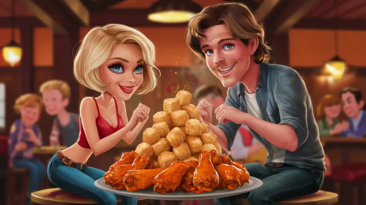 Short blonde woman with big blue eyes and a tall man with wavy brown hair, sitting in a pub eating a mountain of tater tots and buffalo chicken wings